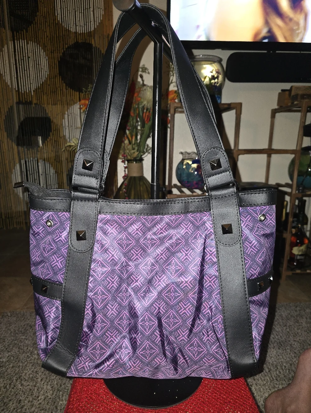 Purple/Black/Pink Skull Kitty Tote Bag with Studded Straps - Picture 6 of 15